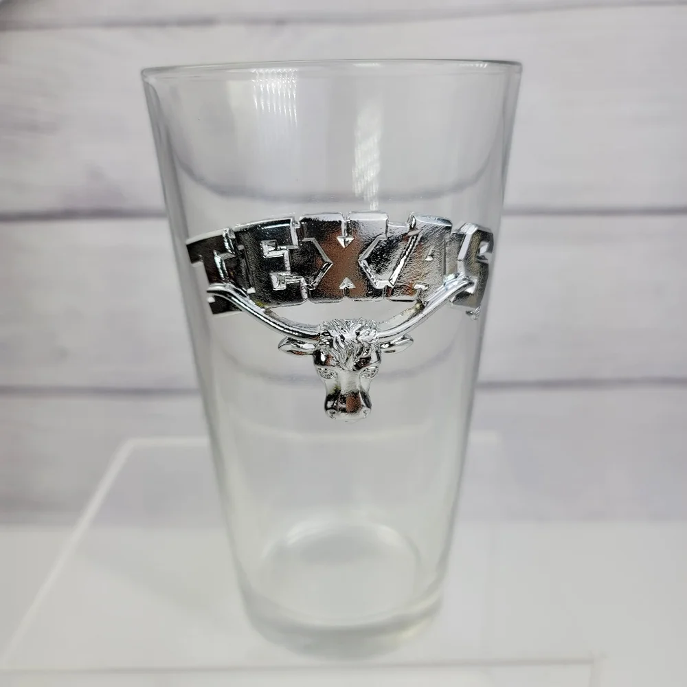 Texas Longhorn Bull Glass Pint Beer Mug with Silver Metal Accent.